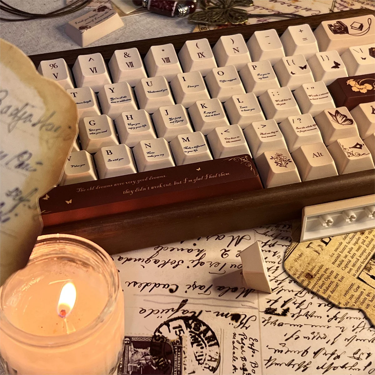 Nostalgic Antiquing Love Letter PBT keycaps displayed from various angles, emphasizing their unique vintage aesthetic and romantic, aged design with muted toned.