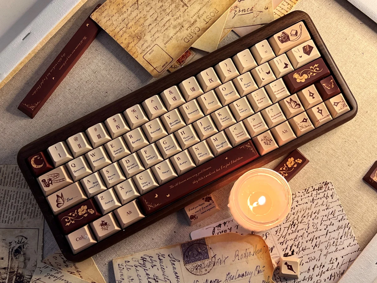 Artistic display of Antiquing Love Letter PBT keycaps, capturing their unique vintage aesthetic and romantic, aged feel, perfect for nostalgic memories.