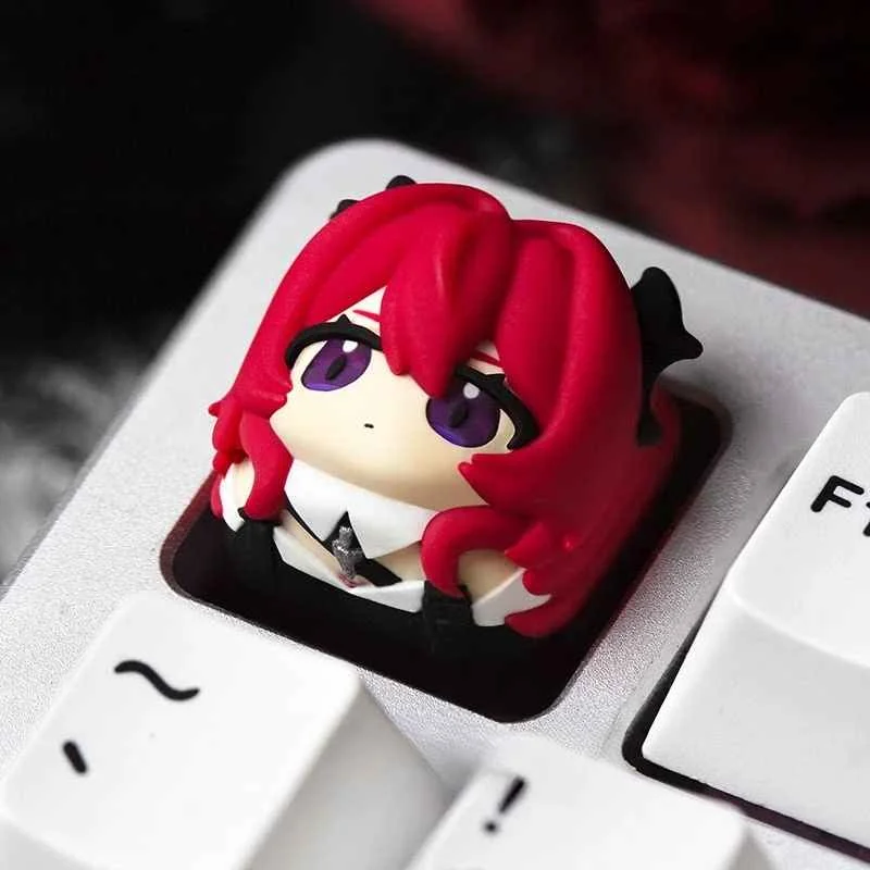 Premium Arknights Endfield Laevatain collectible keycap, featuring intricate futuristic sci-fi character detailing and dark industrial tones from variant angles.