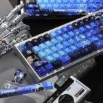 Premium Arknights Logos Folded Shadow PBT keycaps, showcasing the exclusive dye-sub character art and mysterious elegance from a distinct angle.