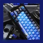 Close-up of Arknights Logos Folded Shadow PBT keycaps, revealing the elegant dye-sublimated character art and mysterious layered aesthetic from a unique angles.