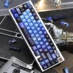 Premium Arknights Logos Folded Shadow PBT dye-sub keycaps set, showcasing elegant, mysterious character art and the unique layered aesthetic from multiple angles.