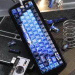 An elegant, angled view of the Arknights Logos Folded Shadow PBT keycaps set, highlighting the exclusive dye-sub character art and premium texture.