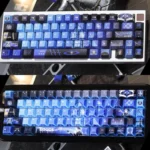 Exclusive Arknights Logos PBT keycaps set showcasing elegant, mysterious folded shadow character art for a premium gaming setup.