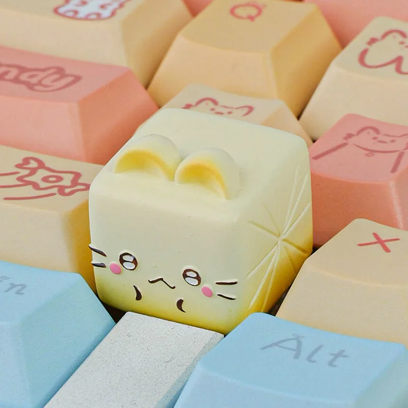 Close-up of a whimsical handcrafted resin Cat Oden artisan keycap, showcasing its adorable miniature food details and vibrant colors.