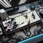 Exclusive Levi Ackerman PBT side-engraved backlit Attack on Titan keycaps set. Multiple angles show crisp, anime characters.
