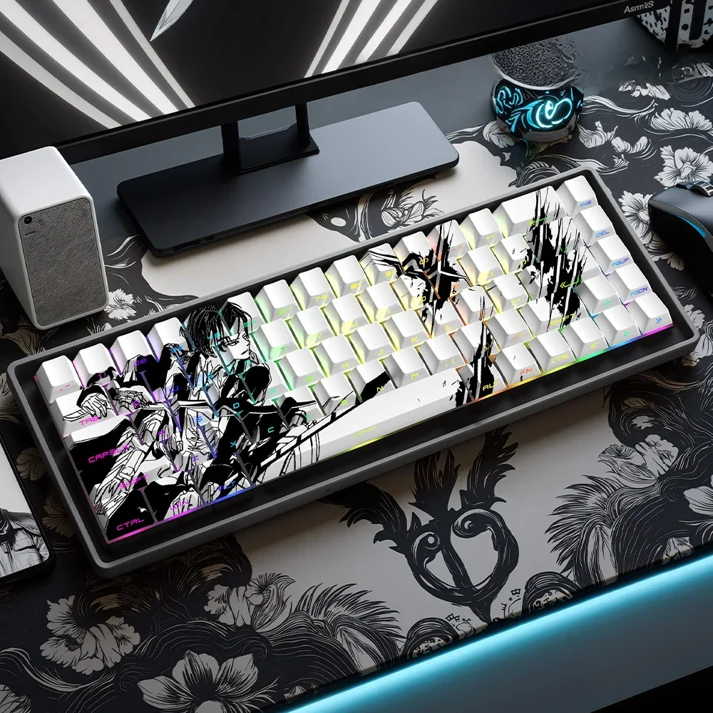 Exclusive Levi Ackerman PBT side-engraved backlit Attack on Titan keycaps set. Multiple angles show crisp, anime characters.