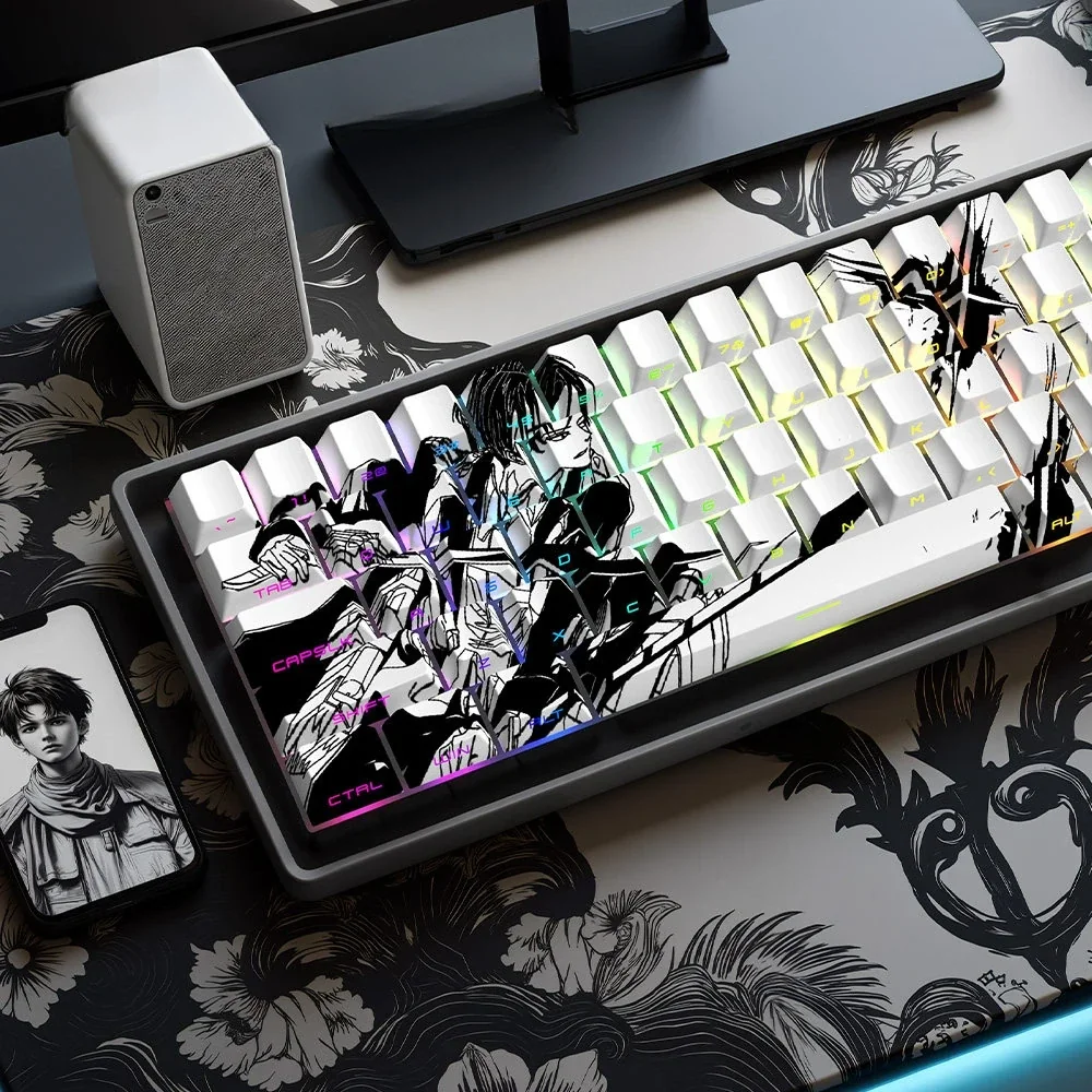 Detailed view of the premium Levi Ackerman PBT side-engraved backlit Attack on Titan keycaps, emphasizing the crisp, anime legends.