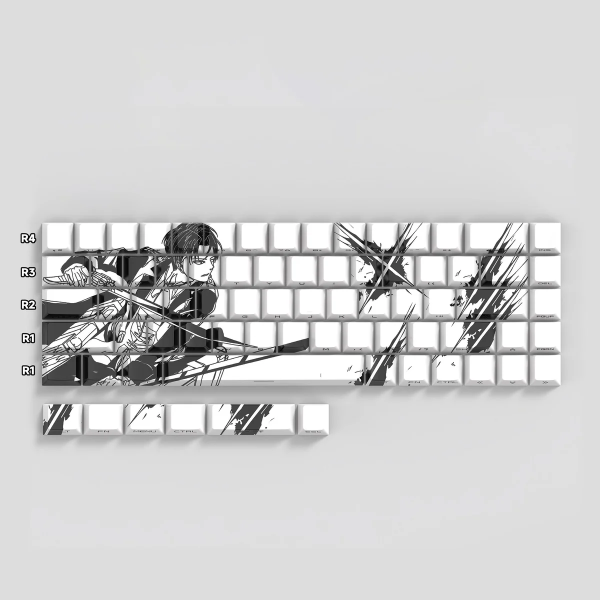 Premium Levi Ackerman PBT side-engraved backlit Attack on Titan keycaps. Dark, tactical, anime-inspired design. Multiple views showcase crisp.
