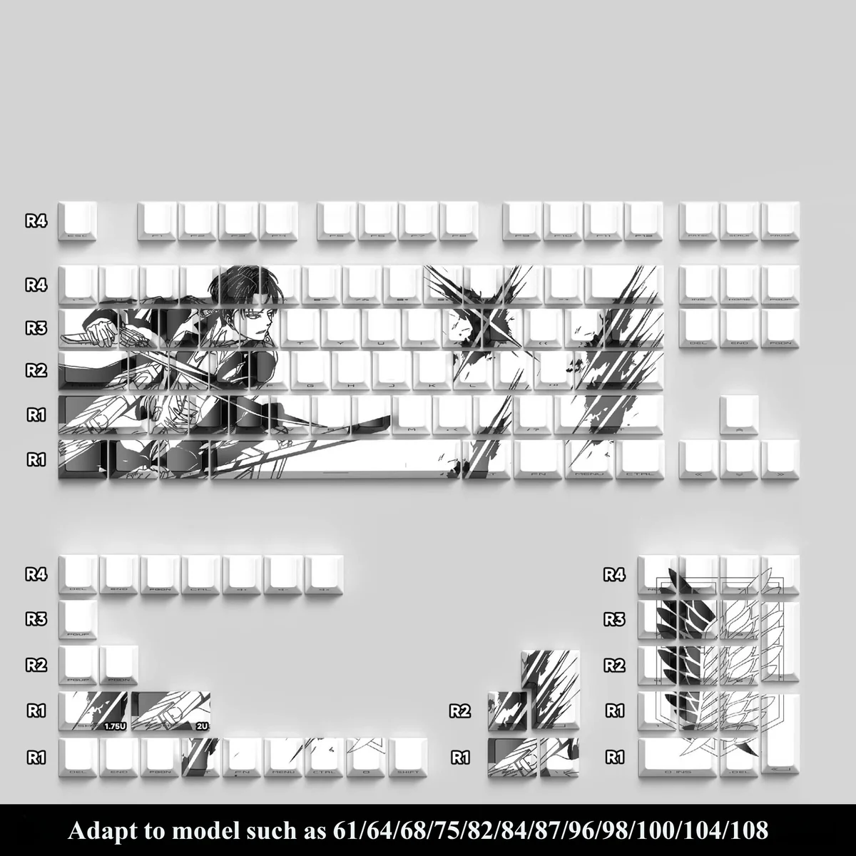 Premium Levi Ackerman PBT side-engraved backlit Attack on Titan keycaps, a 74-key set for 61/68 keyboards, showcasing dark tactical anime design.