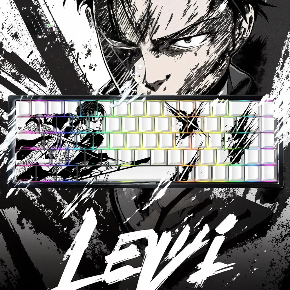 Exclusive Levi Ackerman PBT side-engraved backlit Attack on Titan keycaps set, showcasing dark, tactical anime characters for a premium gaming setup.
