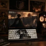 Exclusive Attack Titan Keycaps set, featuring Eren Yeager PBT keycaps. Main image displays dark aesthetic, side-printed legends, and premium minimalist design.