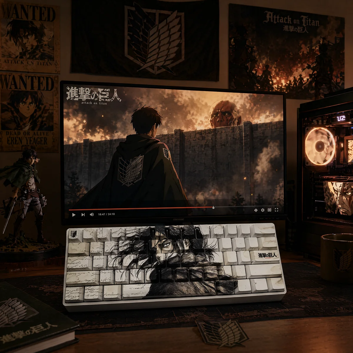 Exclusive Attack Titan Keycaps set, featuring Eren Yeager PBT keycaps. Main image displays dark aesthetic, side-printed legends, and premium minimalist design.