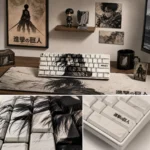 Immersive Eren Yeager Attack Titan PBT keycaps set, showcasing the dark aesthetic and side-printed legends from multiple premium angles.