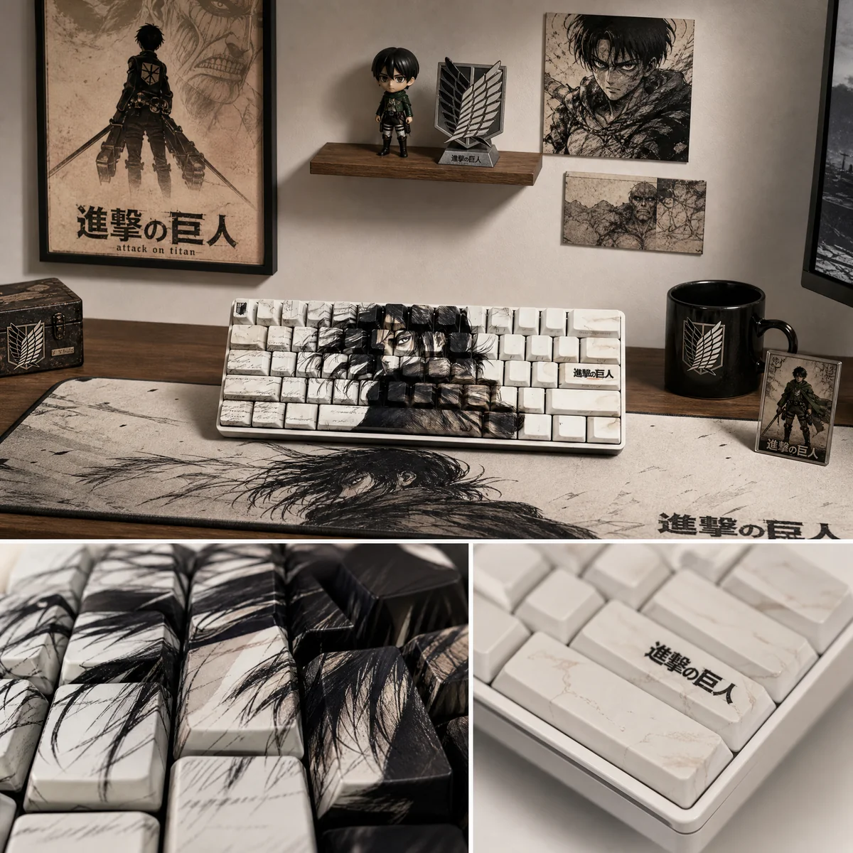 Immersive Eren Yeager Attack Titan PBT keycaps set, showcasing the dark aesthetic and side-printed legends from multiple premium angles.