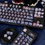 Exclusive Black Butler PBT 126-keycap set, showcasing intricate Gothic anime art of Ciel and Sebastian from various angles, highlighting their details.