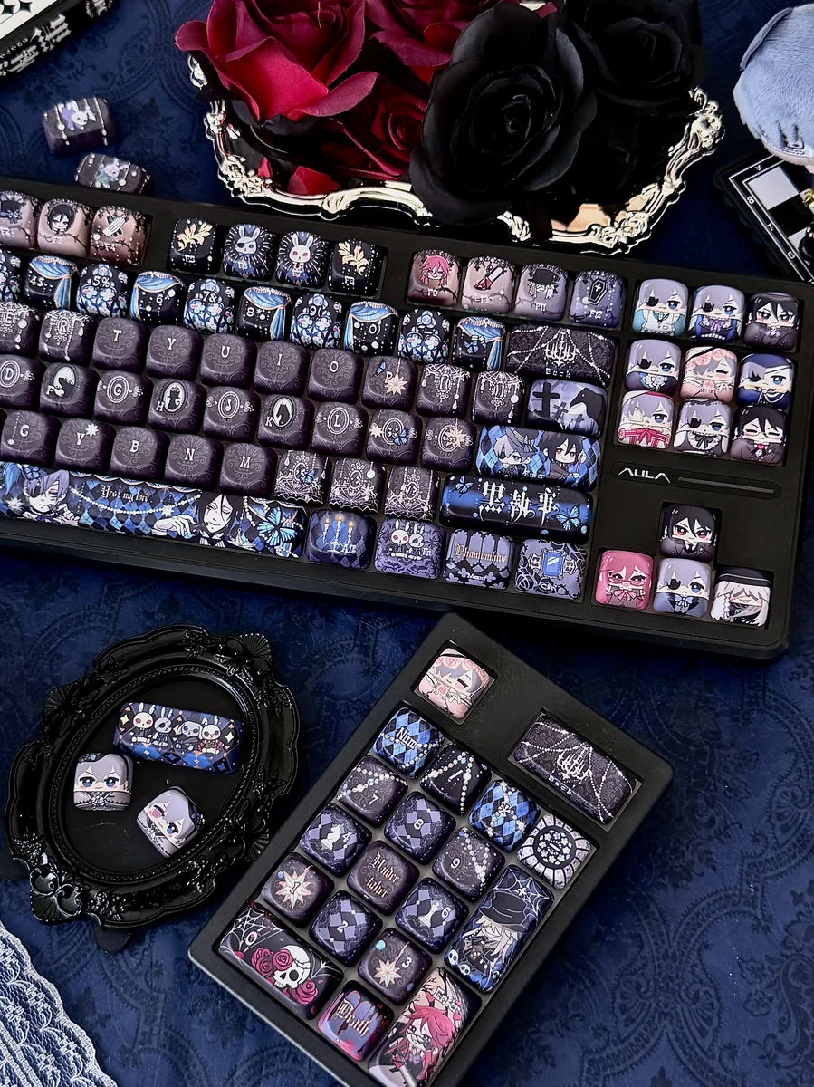 Exclusive Black Butler PBT 126-keycap set, showcasing intricate Gothic anime art of Ciel and Sebastian from various angles, highlighting their details.