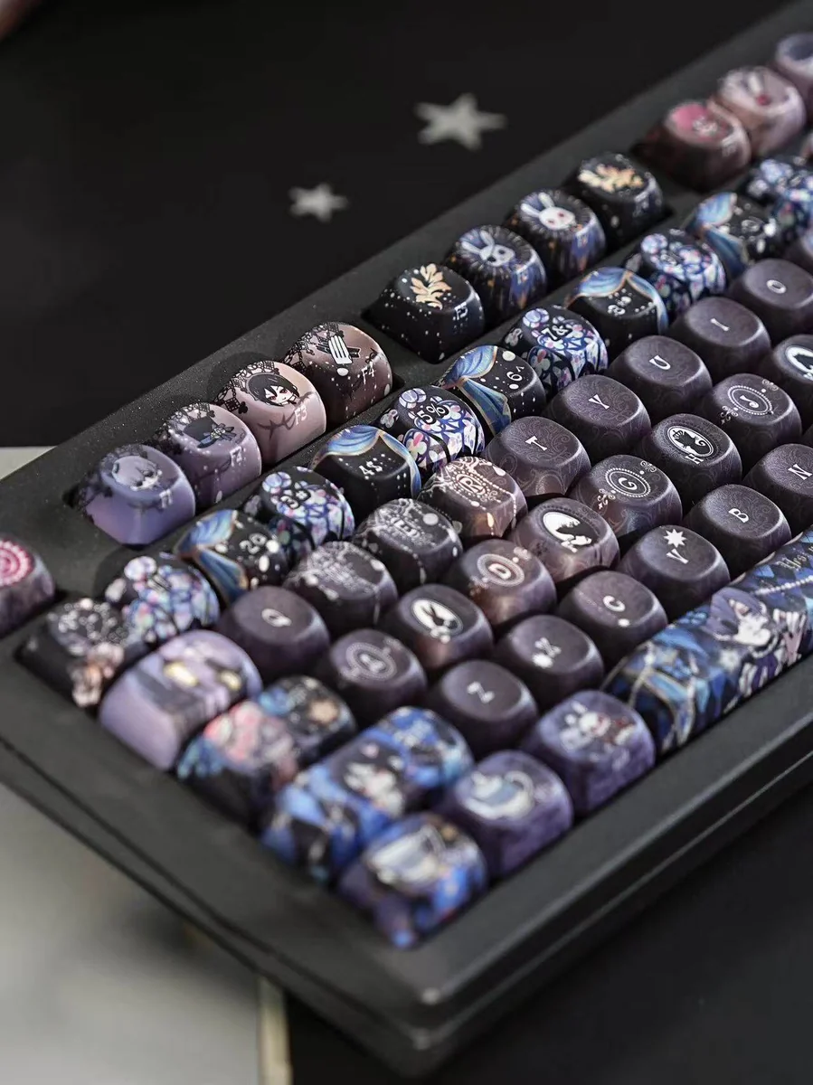 An artistic close-up of the exclusive Black Butler PBT 126-Keycap Set, showcasing intricate Gothic Victorian anime art of Ciel and Sebastian from a unique design.