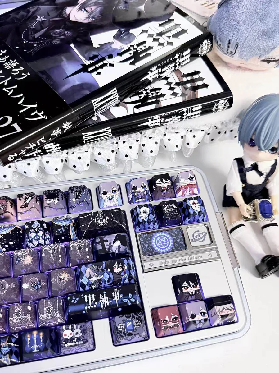 Close-up of an exclusive Black Butler PBT 126-Keycap Set, showcasing intricate Gothic Victorian art of Ciel and Sebastian on individual keycaps, highlighting their details.