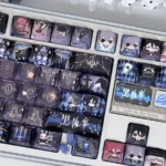 Close-up of the exclusive Black Butler PBT 126-keycap set, showcasing intricate Gothic Victorian anime art of Ciel and Sebastian from multiple angles.
