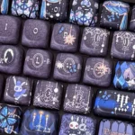Exclusive Black Butler PBT 126-keycap set. Detailed Gothic Victorian anime art of Ciel and Sebastian on PBT keycaps, from multiple artistic angles.