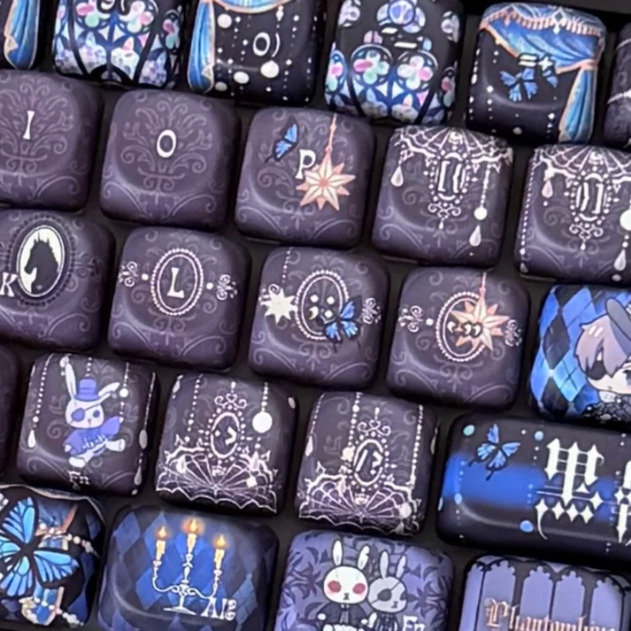 Exclusive Black Butler PBT 126-keycap set. Detailed Gothic Victorian anime art of Ciel and Sebastian on PBT keycaps, from multiple artistic angles.