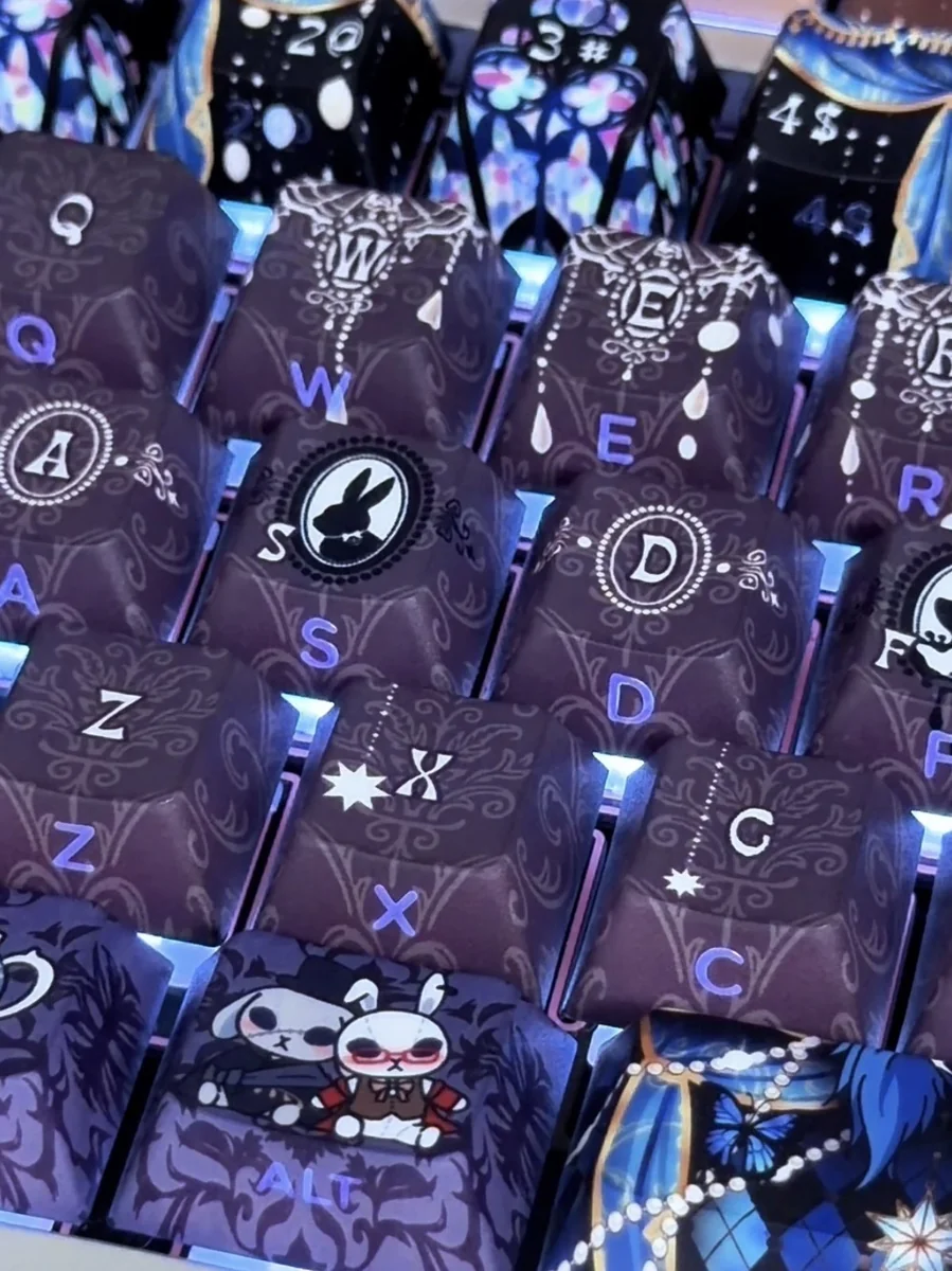 Exclusive Black Butler PBT keycaps, showcasing the unique moa variant's detailed Gothic Victorian anime art of Ciel and Sebastian in this 126-keycap.