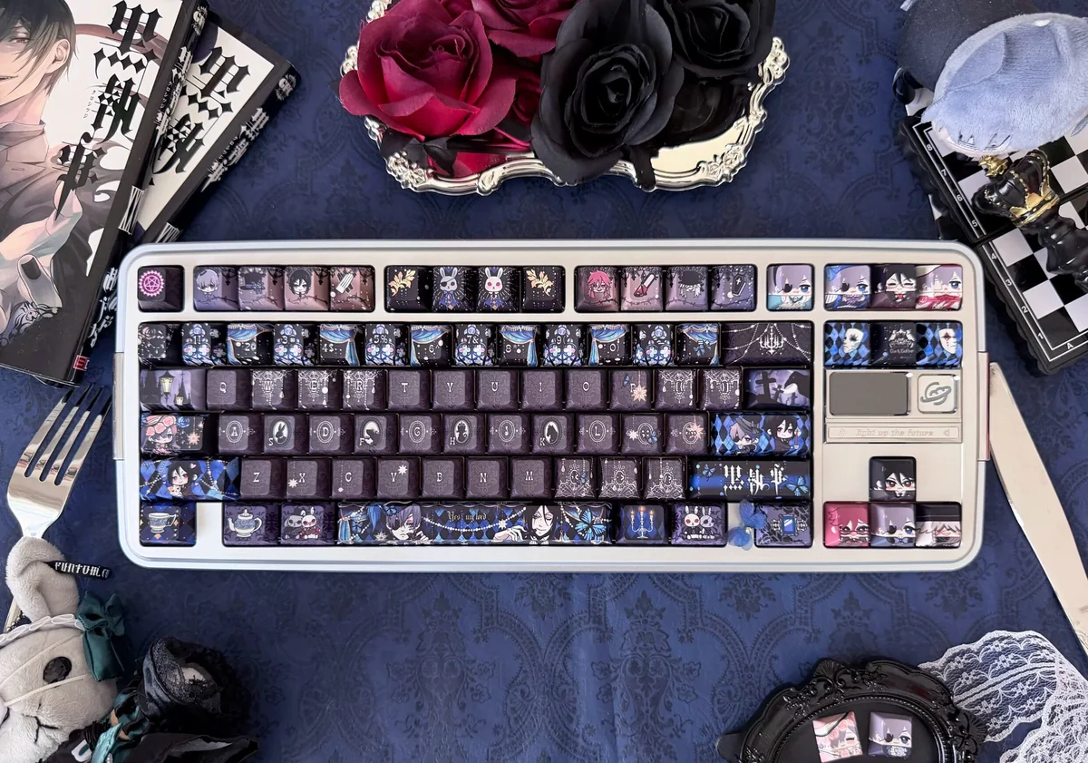 Exclusive Black Butler Keycaps PBT 126-keycap set, showcasing gothic anime art of Ciel and Sebastian. Perfect for fans and collectors.