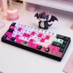 Artistic black and pink PBT keycaps set featuring a mystical side-engraved dragon motif, showcasing the unique design for custom keyboards.