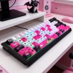 A collection of Black Pink Dragon PBT Keycaps, showcasing the unique side-engraved mystical dragon motif from various angles.