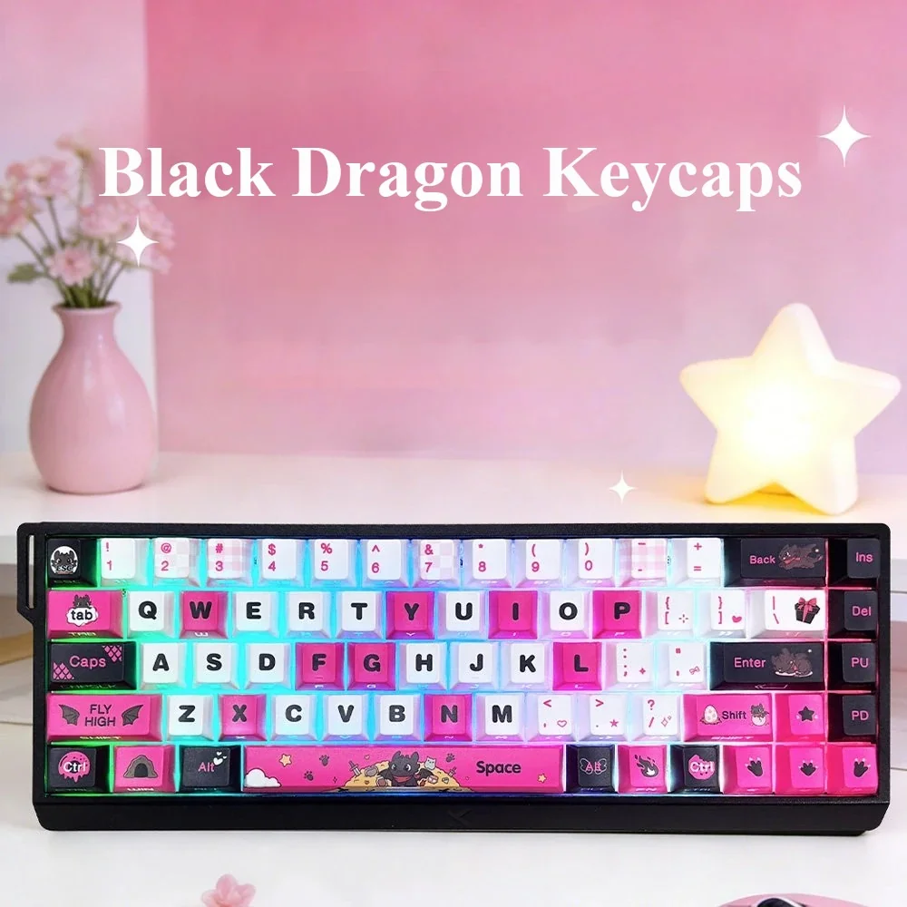 Artistic Black Pink Dragon PBT keycaps set, featuring unique side-engraved mystical dragon designs from multiple angles, highlighting the modern aesthetic.