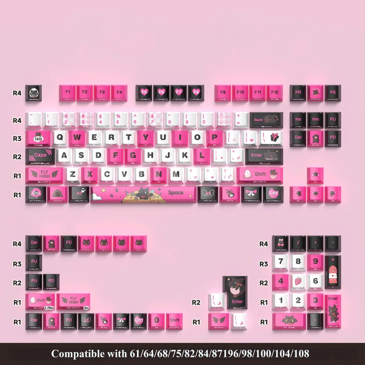 Mystical black PBT keycap featuring a side-engraved small black dragon. This artistic 129-key variant from the Black Pink Dragon set offers a unique,