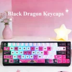 Artistic close-up of the side-engraved Black Pink Dragon PBT keycaps, highlighting the mystical black and pink dragon design from a unique angle.