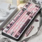 Sweetheart Black Pink Cat Keycap Set, displayed from multiple angles, showcasing adorable pink and black feline motifs.