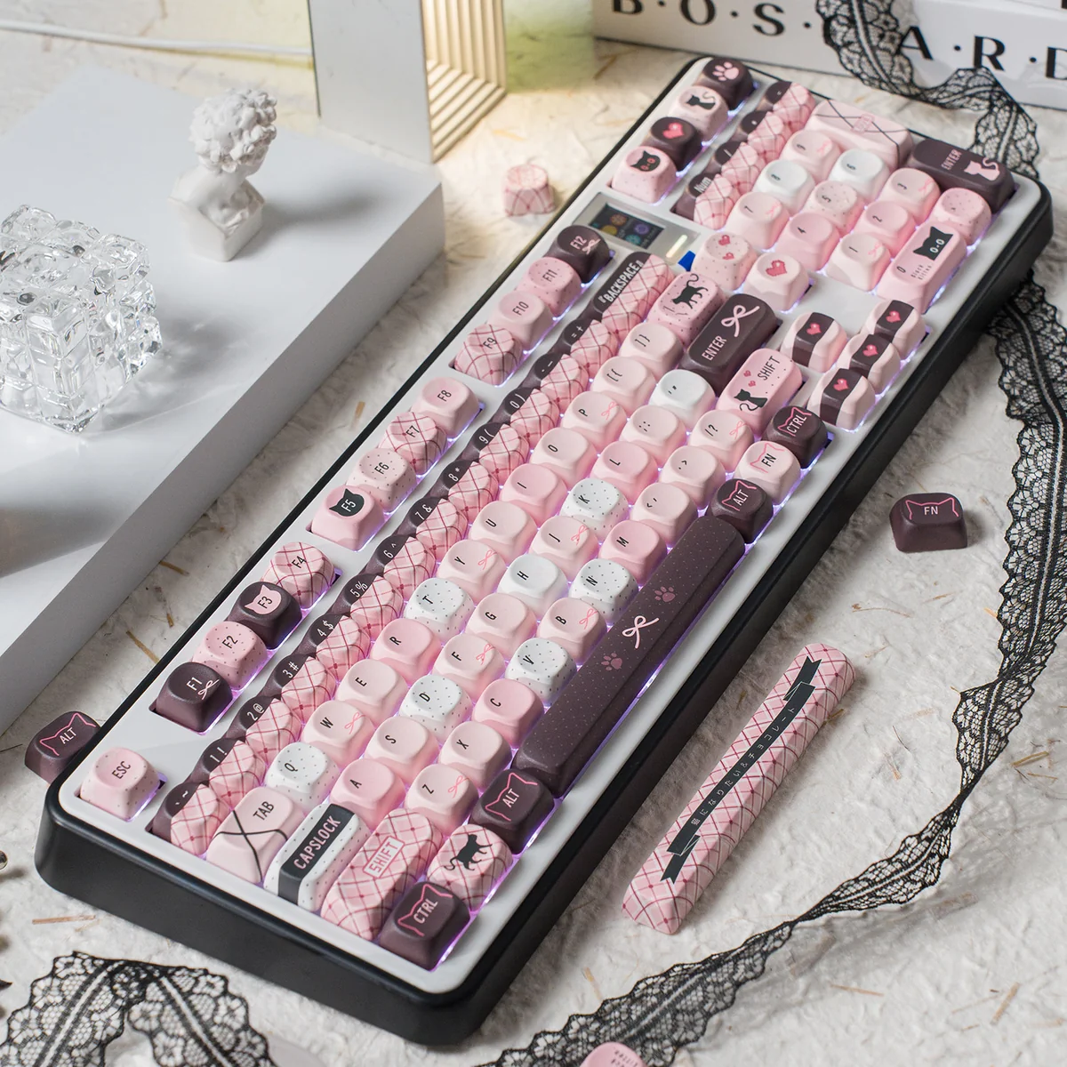 Sweetheart Black Pink Cat Keycap Set, displayed from multiple angles, showcasing adorable pink and black feline motifs.