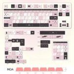 Sweetheart Black Pink Cat PBT MOA Keycaps. Adorable black and pink dye-sub cat keycaps, seen from all sides. A whimsical charm.