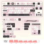 Adorable black and pink Sweetheart MOA keycaps, showcasing cute cat designs. Adorable black and pink dye-sub cat keycaps, seen from all sides. A whimsical charm.