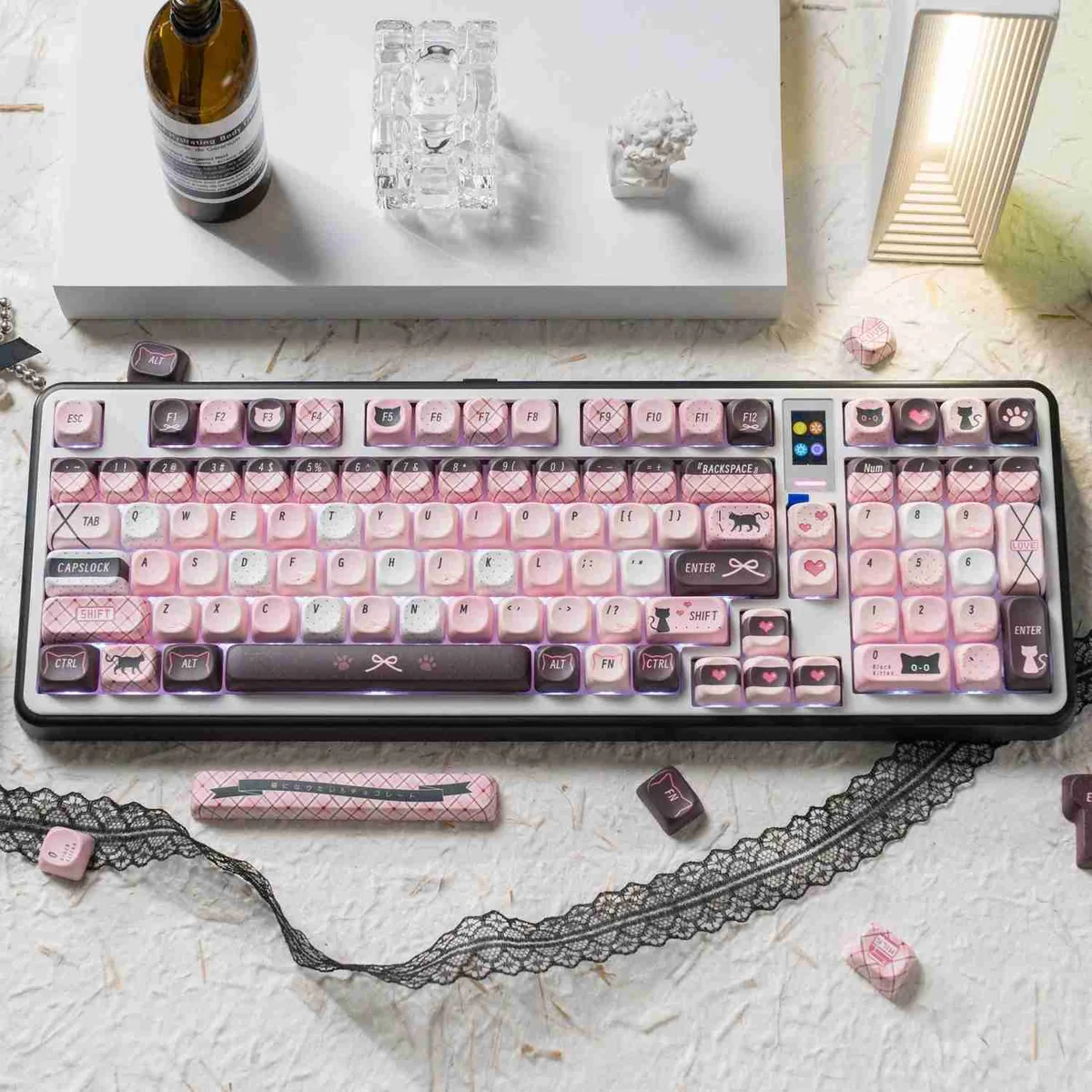 Adorable Sweetheart black pink cat PBT MOA keycaps set, featuring charming black and pink cat designs for a whimsical desk setup.