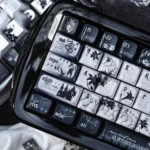 Black Requiem PBT keycaps from multiple angles, showcasing their dark, solemn gothic elegance. Intricate details define this unique premium keyboard.