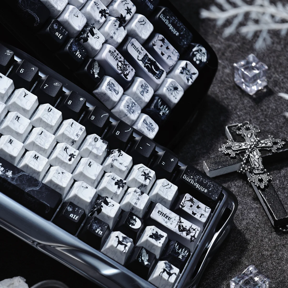 Black Requiem PBT keycap set, viewed from multiple angles. Reveals its dark, solemn, dramatic gothic elegance and intricate premium details for keyboard.