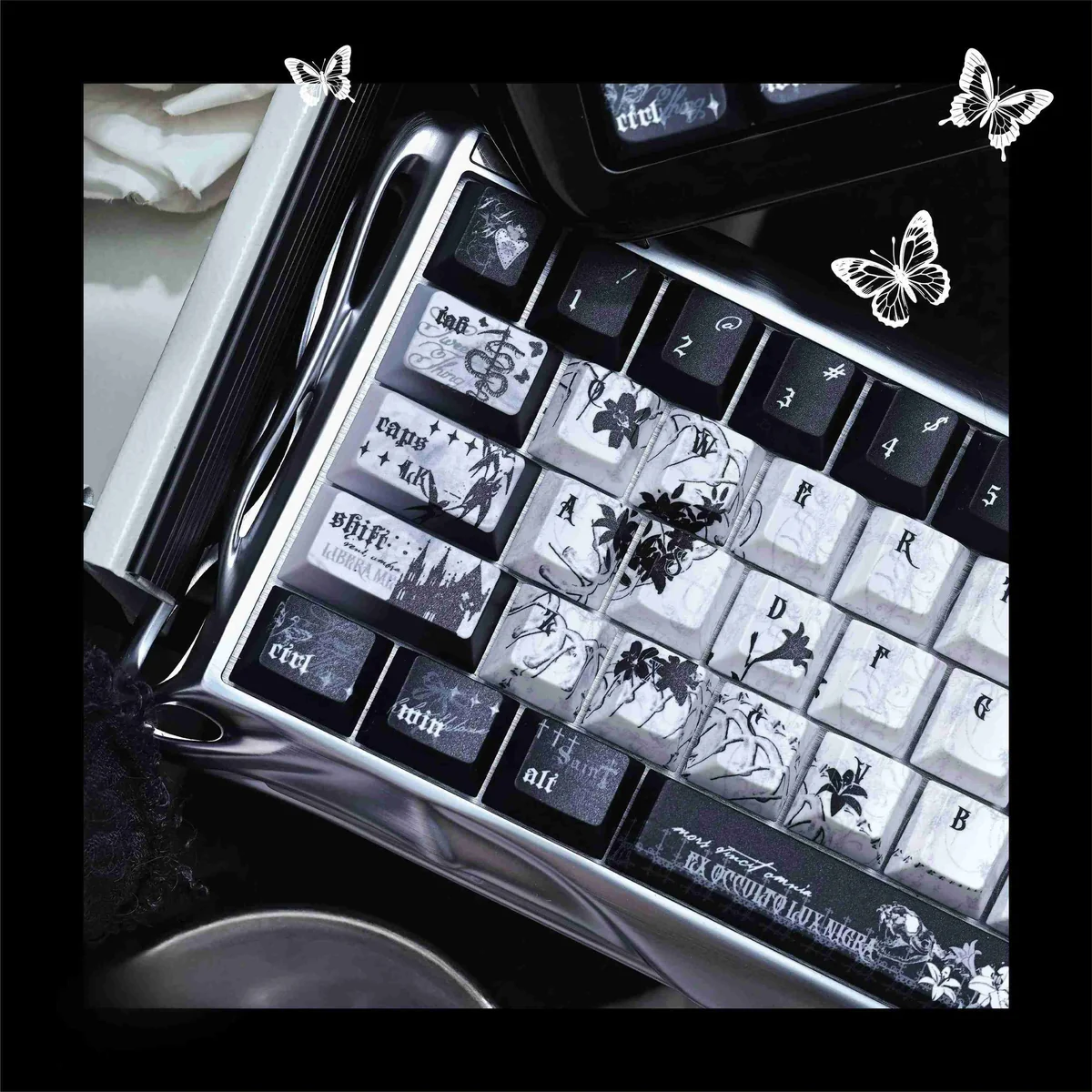 Black Requiem PBT keycap set from various angles, highlighting its dark, solemn, and elegant design. Intricate gothic details define this premium keyboard.