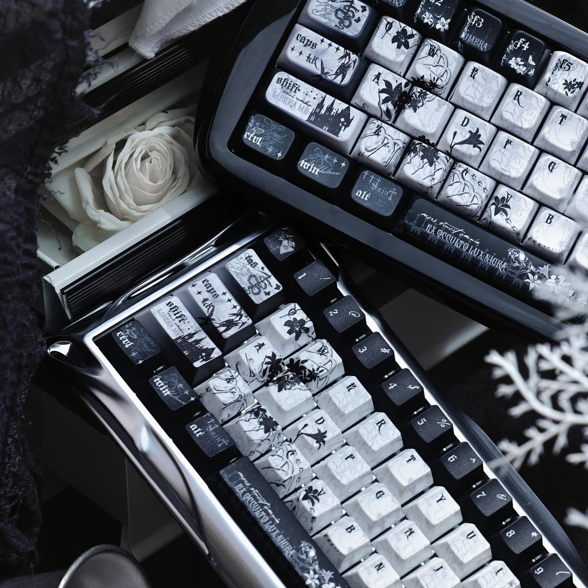 Unique Black Requiem PBT keycap set. Dark, solemn, dramatically elegant gothic design. Multiple angles reveal intricate details, perfect for a premium keyboard.