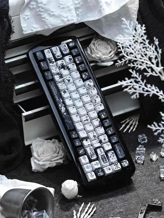 Multiple angles of the unique Black Requiem PBT keycap set, revealing its dark, gothic elegance and intricate legends with a premium finish.