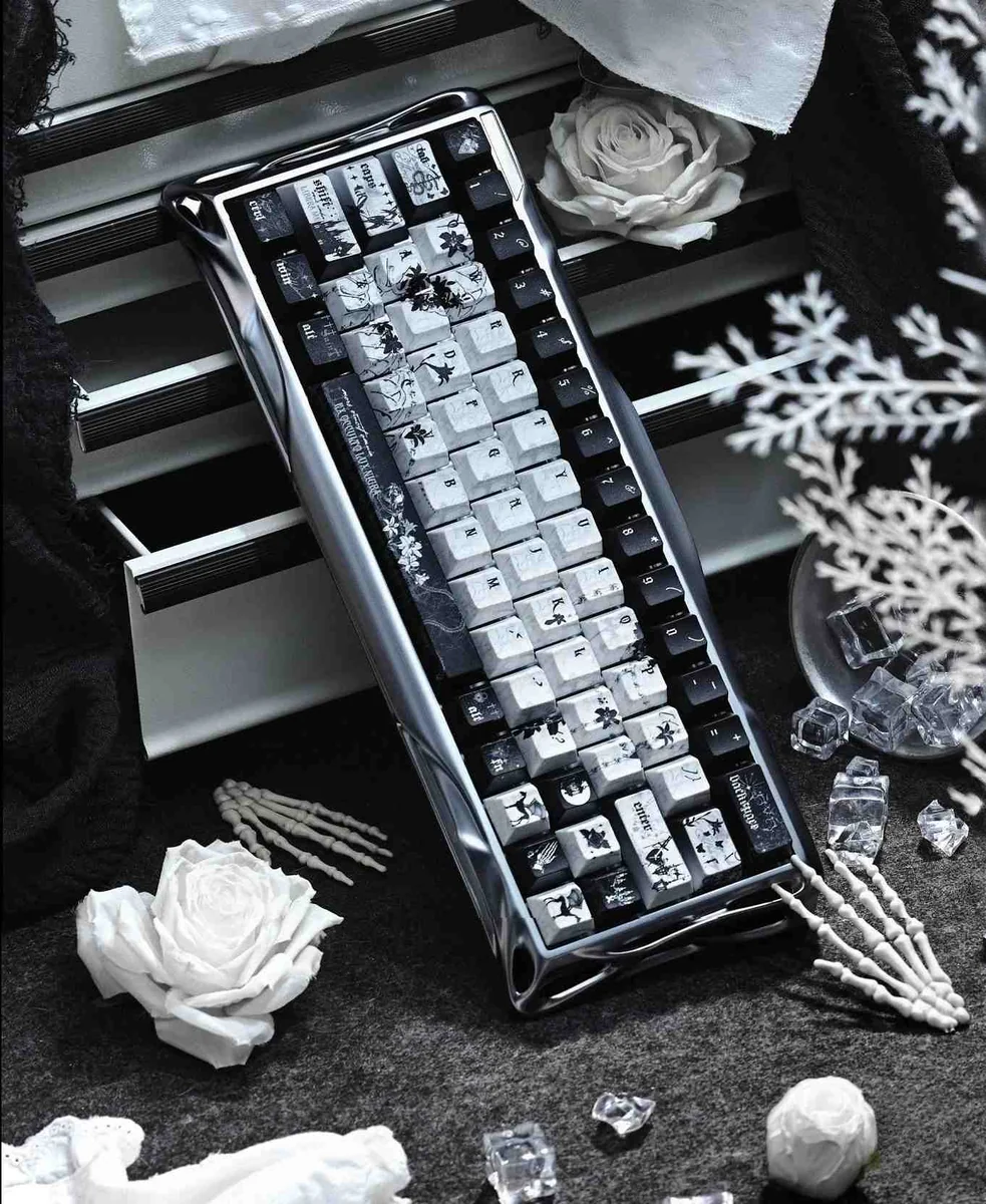 Close-up of the Black Requiem PBT keycap set, showcasing its dark, solemn aesthetic and dramatically elegant gothic-inspired details. Perfect for a premium keyboard.