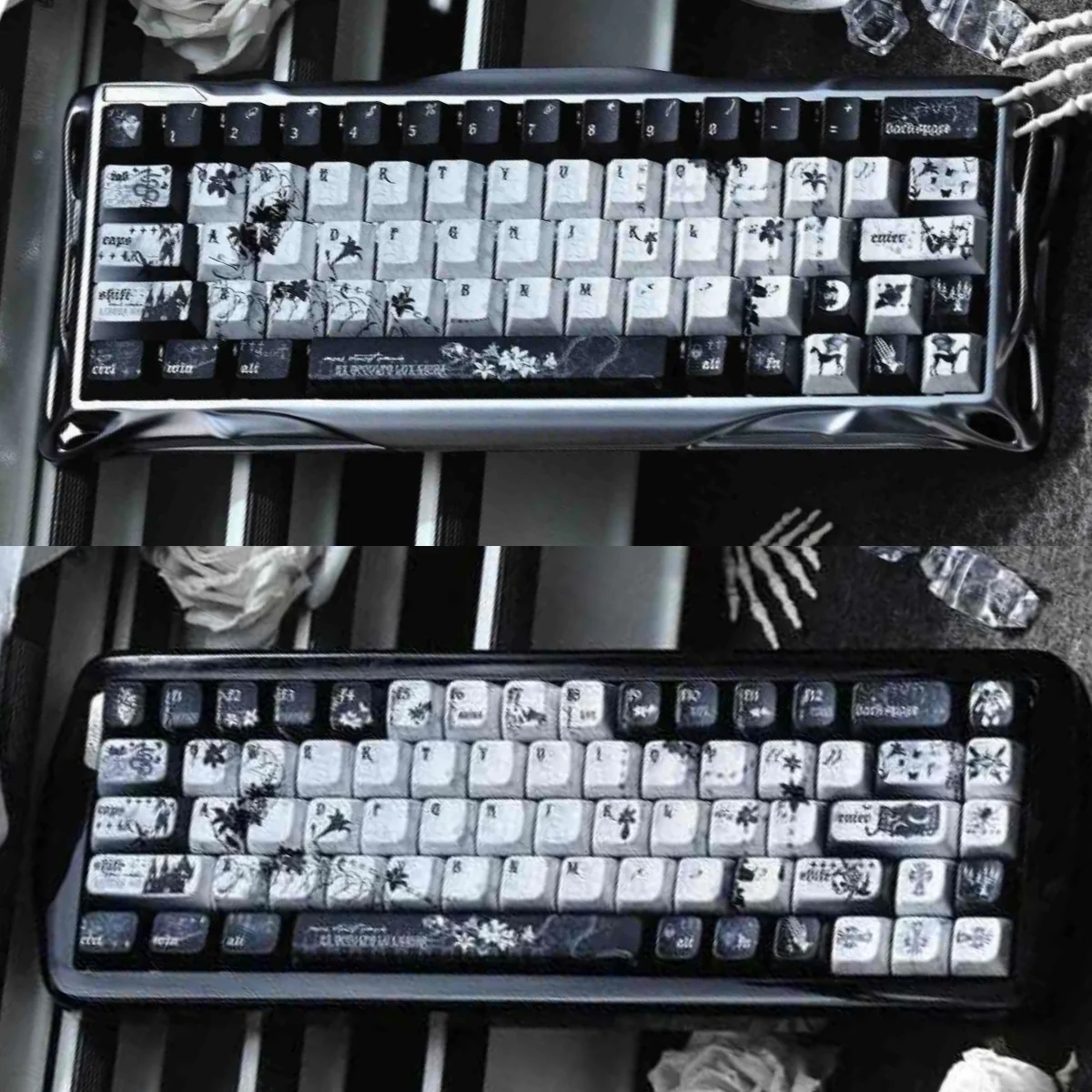 Main image of the unique Black Requiem PBT keycap set, featuring its dark, solemn, and dramatically elegant gothic design with intricate details.