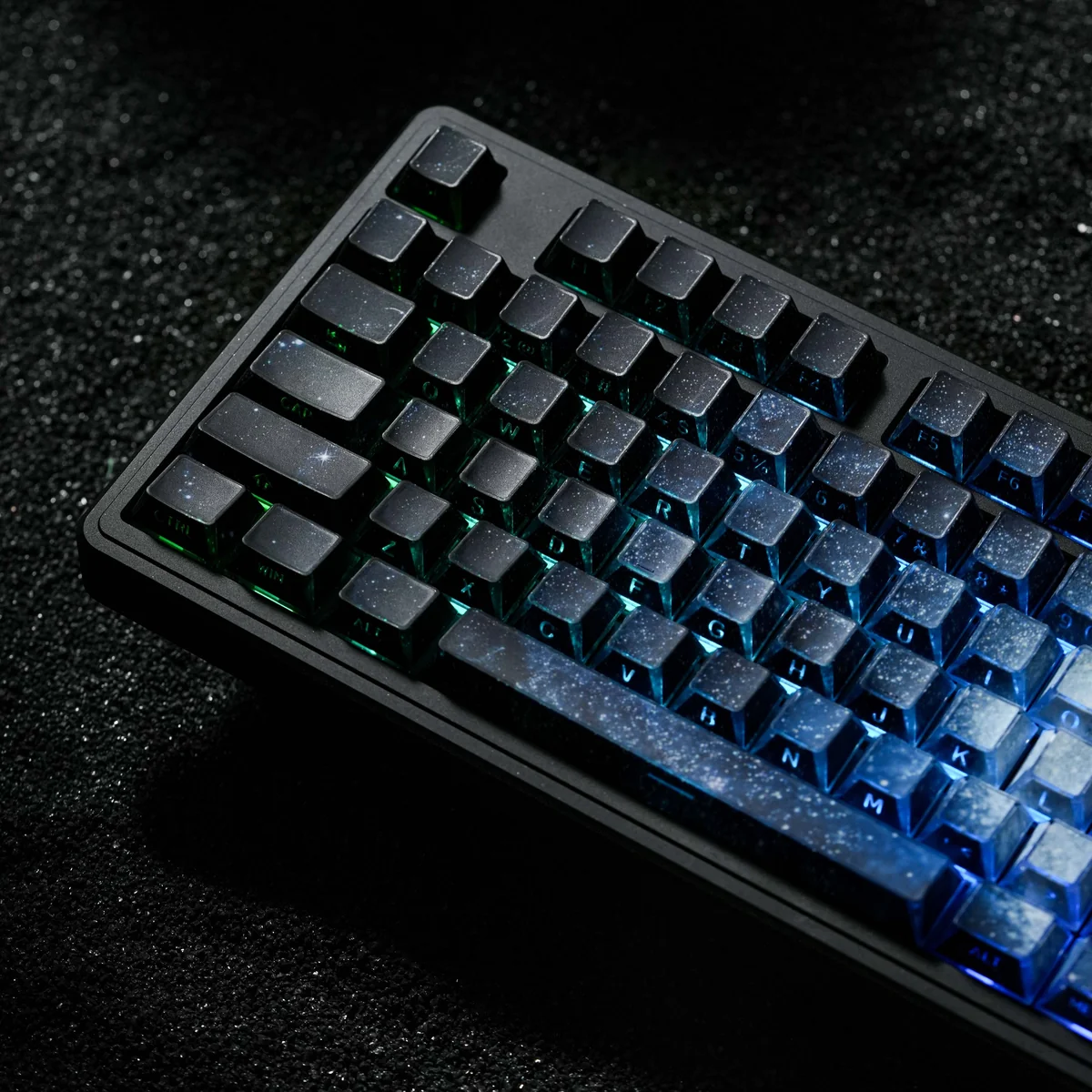 Gallery views of stunning Blue Galaxy Keycaps, highlighting the deep blue cosmic gradient and ethereal light refraction from various angles.