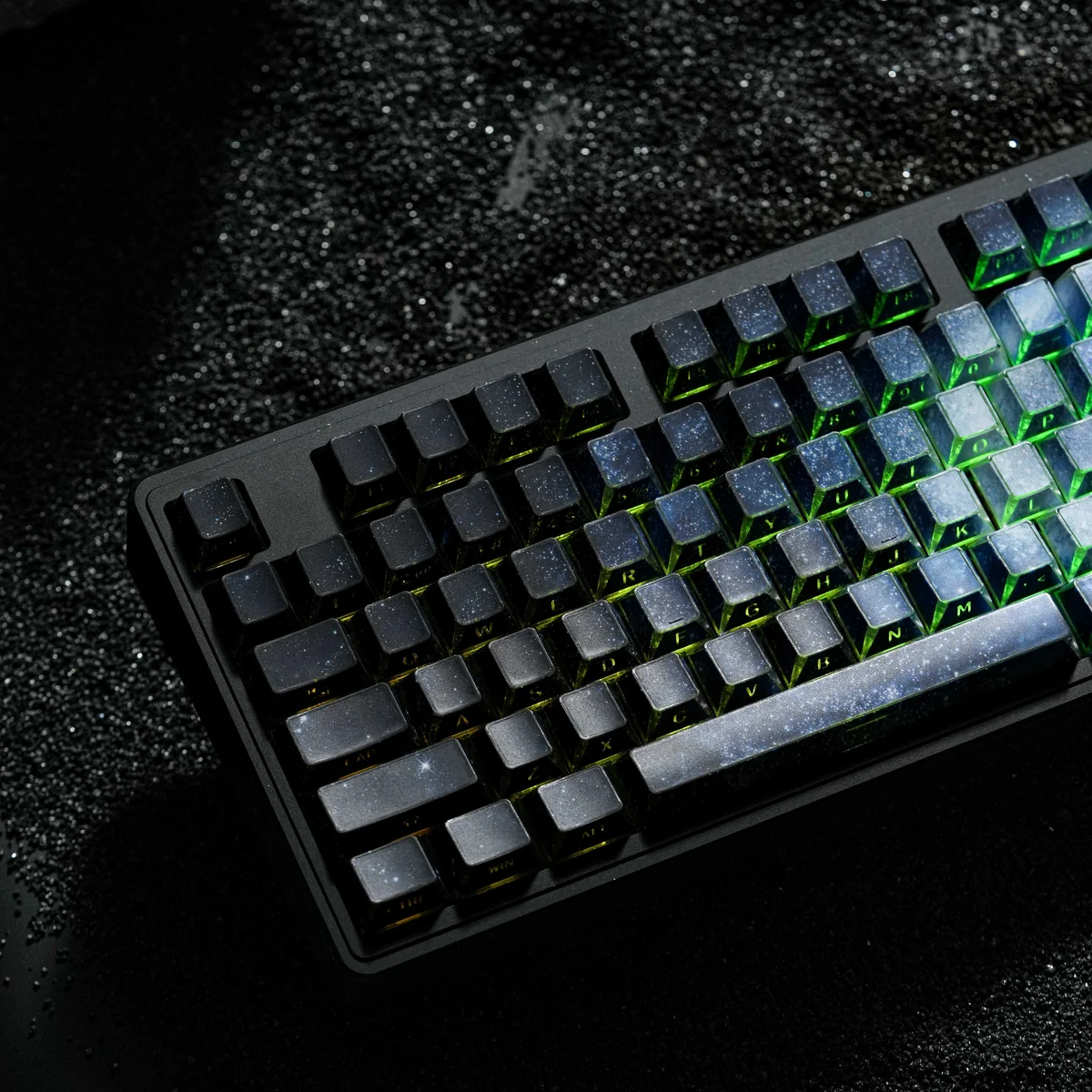 Stunning Blue Galaxy Keycaps, cosmic gradient, deep blue hues with ethereal light refraction, perfect for a captivating keyboard.