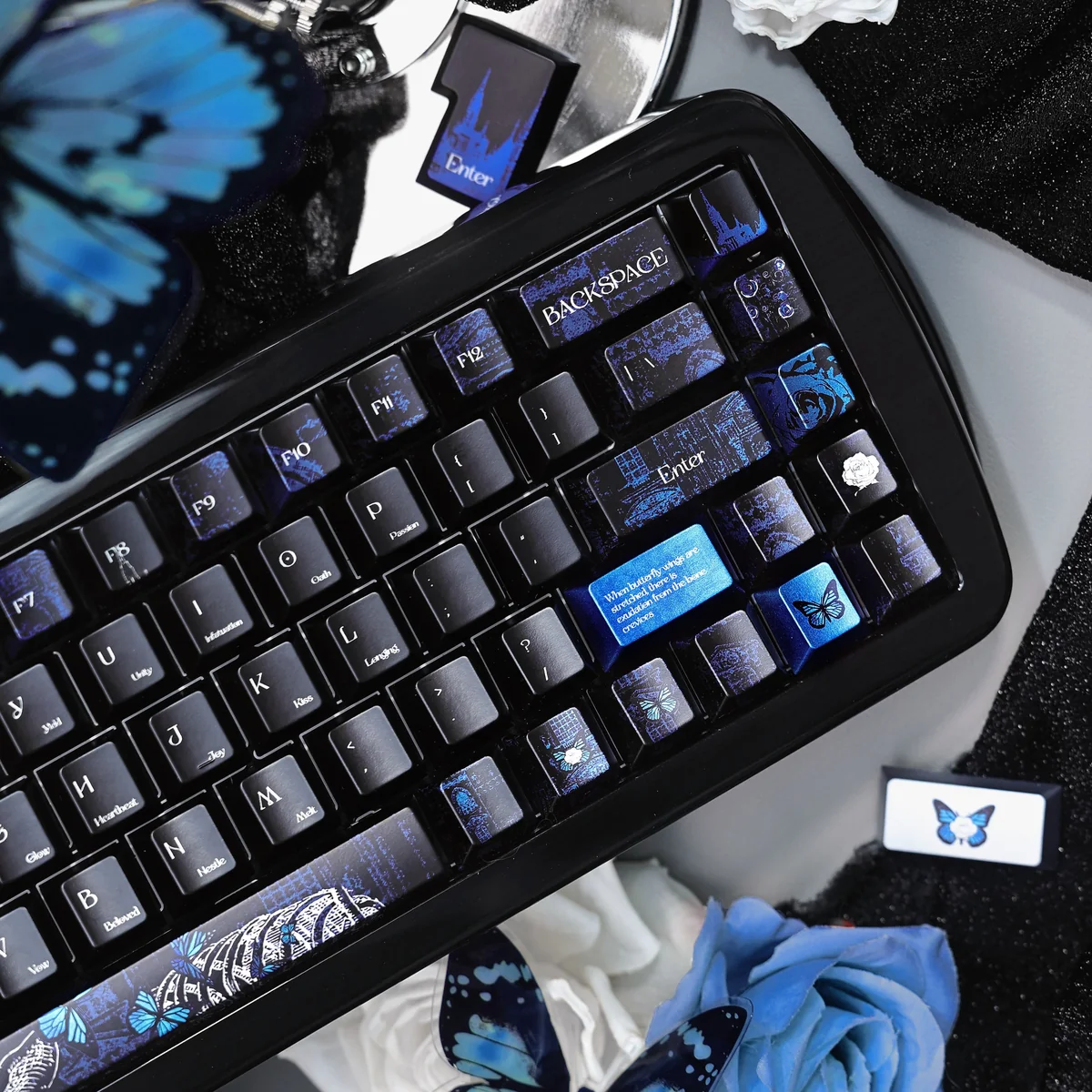 Detailed view of the Bone Butterfly PBT Keycap Set, showcasing the exquisite dye-sublimation of ethereal skeletal motifs and vibrant butterflies design.
