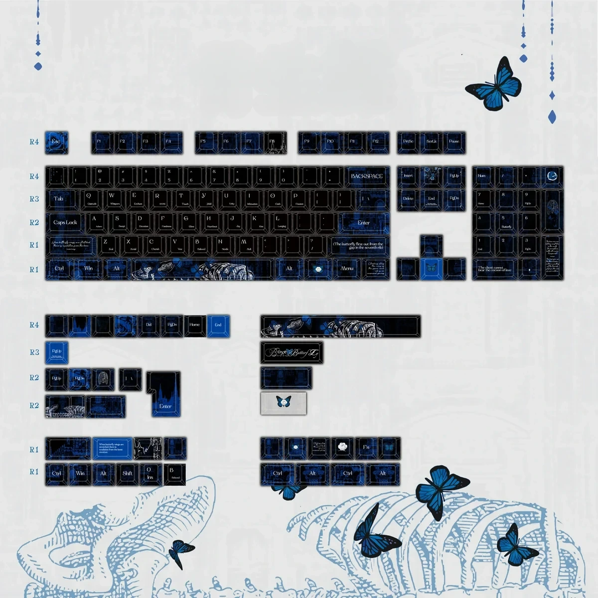 An artistic shot of the Bone Butterfly PBT Keycap Set, highlighting the exquisite dye-sublimation of ethereal skeletal and vibrant butterfly motifs.