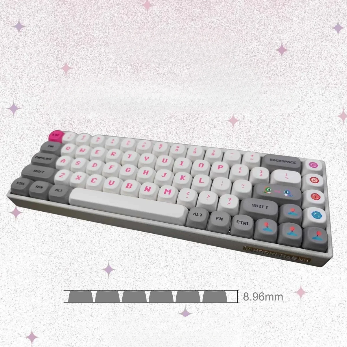 Vibrant pink Bubble Bobble MOA keycaps, showcasing iconic dragon characters and bubbly retro arcade designs from a playful angle, evoking nostalgia.